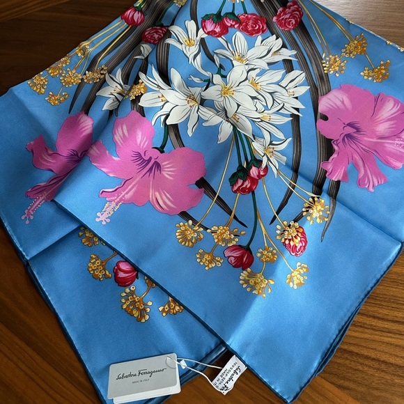 Salvatore Ferragamo Blue and Pink Floral Silk Scarf - Picture 12 of 15